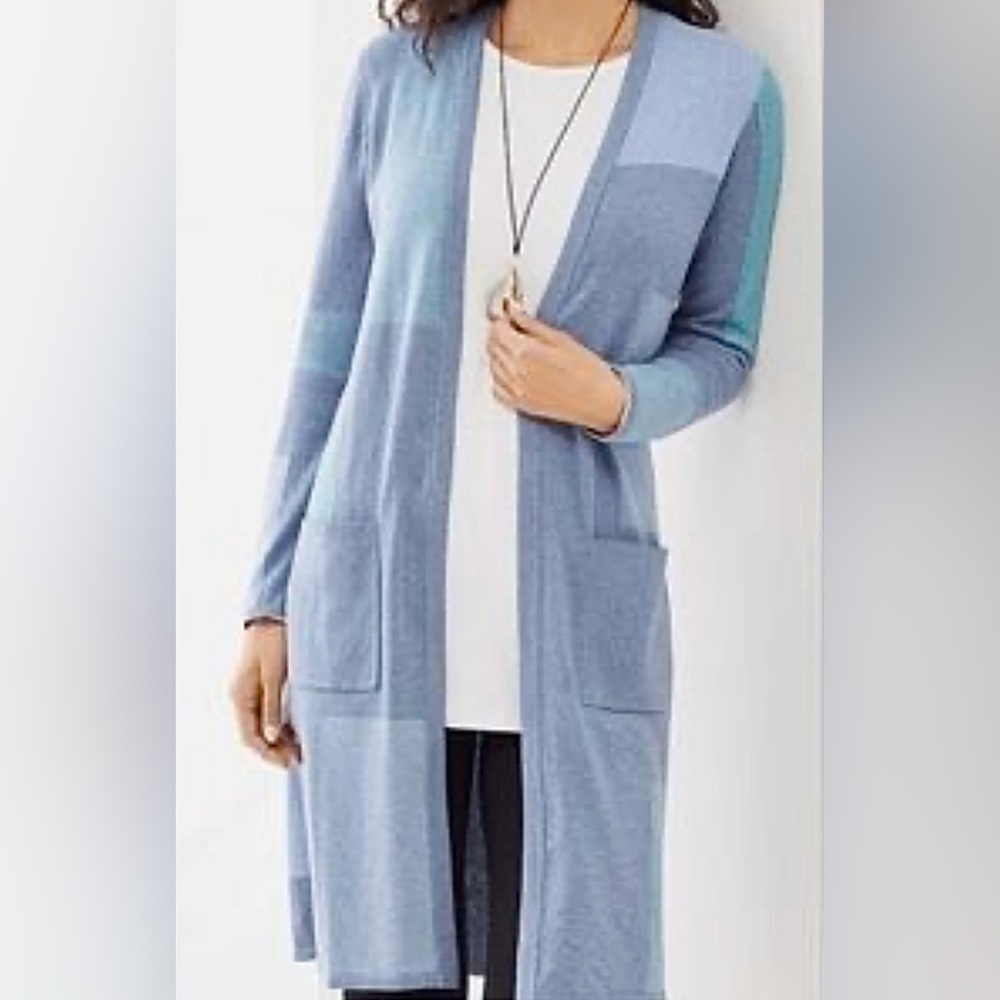 NWT J. Jill Cotton Blend Blue Colorblock Duster Cardigan size Large